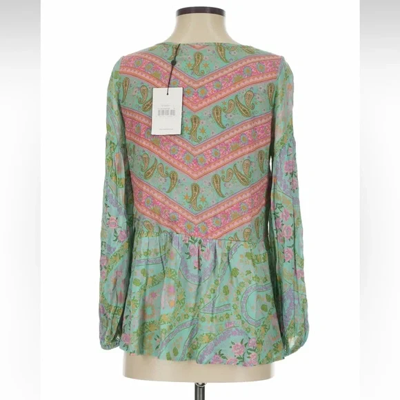 NWT Spell City Lights Green and Pink Paisley Lace-Up Blouse - Picture 6 of 8